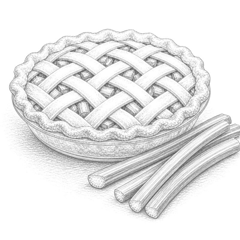 Pencil drawing of a lattice pie with rhubarb stalks